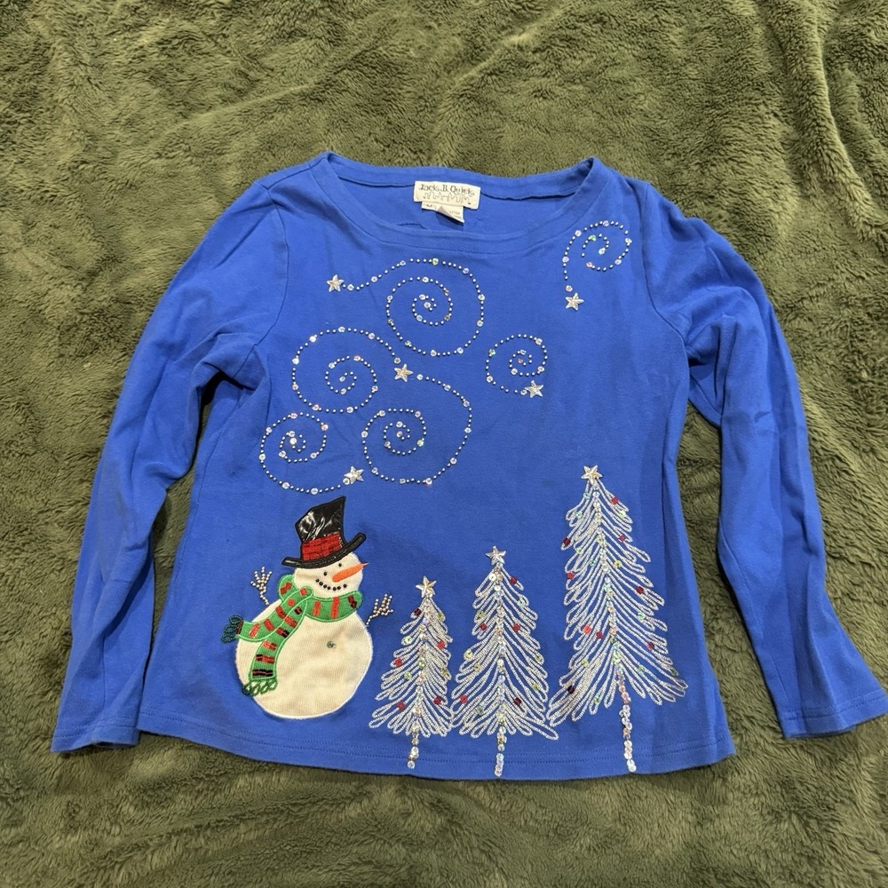VTG Jack B Quick Women's Medium Christmas Snowman Sweater Top Embellished Blue
